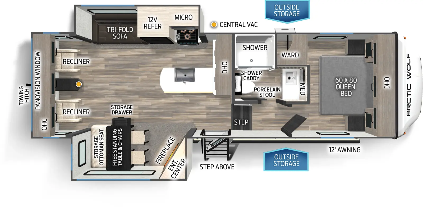 The 27SGS has two slideouts and one entry. Exterior features outside storage, step above entry step, 12 foot awning, and rear towing hitch. Interior layout front to back: foot-facing queen bed with overhead cabinet and off-door side wardrobe; off-door side full bathroom with medicine cabinet, porcelain stool, and shower caddy; door side steps down to main living area and entry; peninsula kitchen counter with sink wraps to inner wall with overhead cabinet; off-door side slideout with cooktop, microwave, 12 volt refrigerator, and tri-fold sofa; door side slideout with angled entertainment center with fireplace below, and free-standing table with storage drawer, and chairs with storage ottoman seat; rear recliners with side table, overhead cabinet, central vacuum, and panovision window.